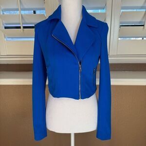 Cache Women's 2 Asymetrical Zip Moto Jacket Royal Blue Cropped Blazer City Style